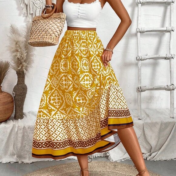Yellow Boho Women's Vacation Style Allover Print Skirt - Picture 3 of 6
